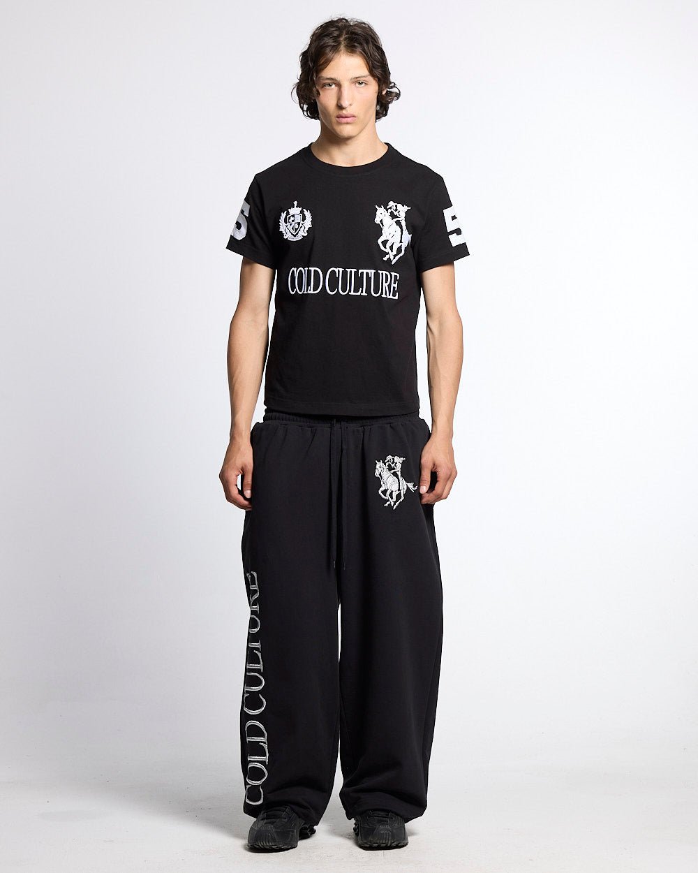 RIDING CLUB TEE BLACK - black polo rider print tee, front view on male model - Cold Culture #man