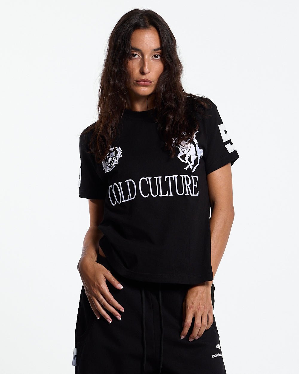 RIDING CLUB TEE BLACK - black polo rider print tee, front view on female model - Cold Culture #woman