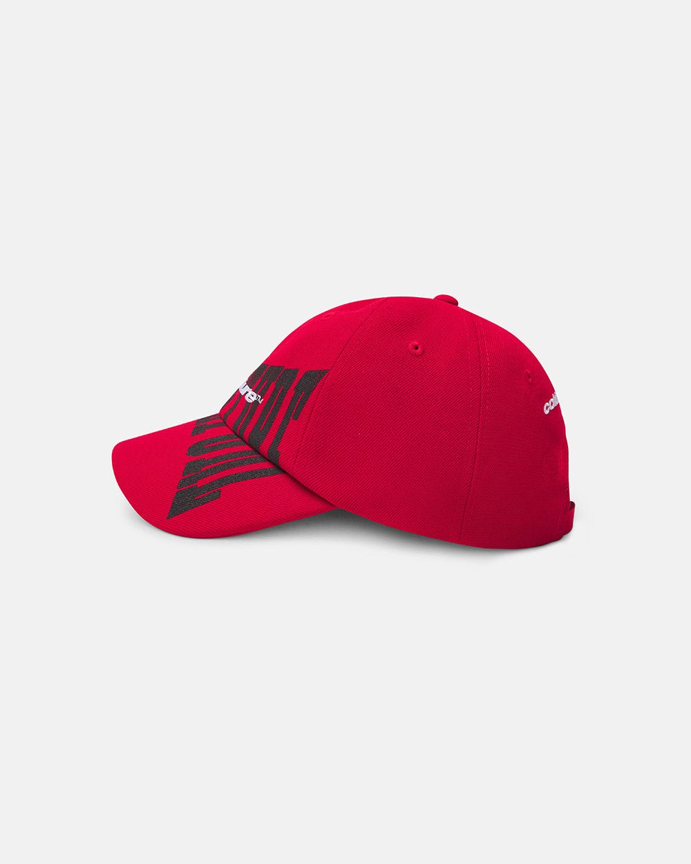 RIOT CAP RED - red logo print cap, side view - Cold Culture #packshot