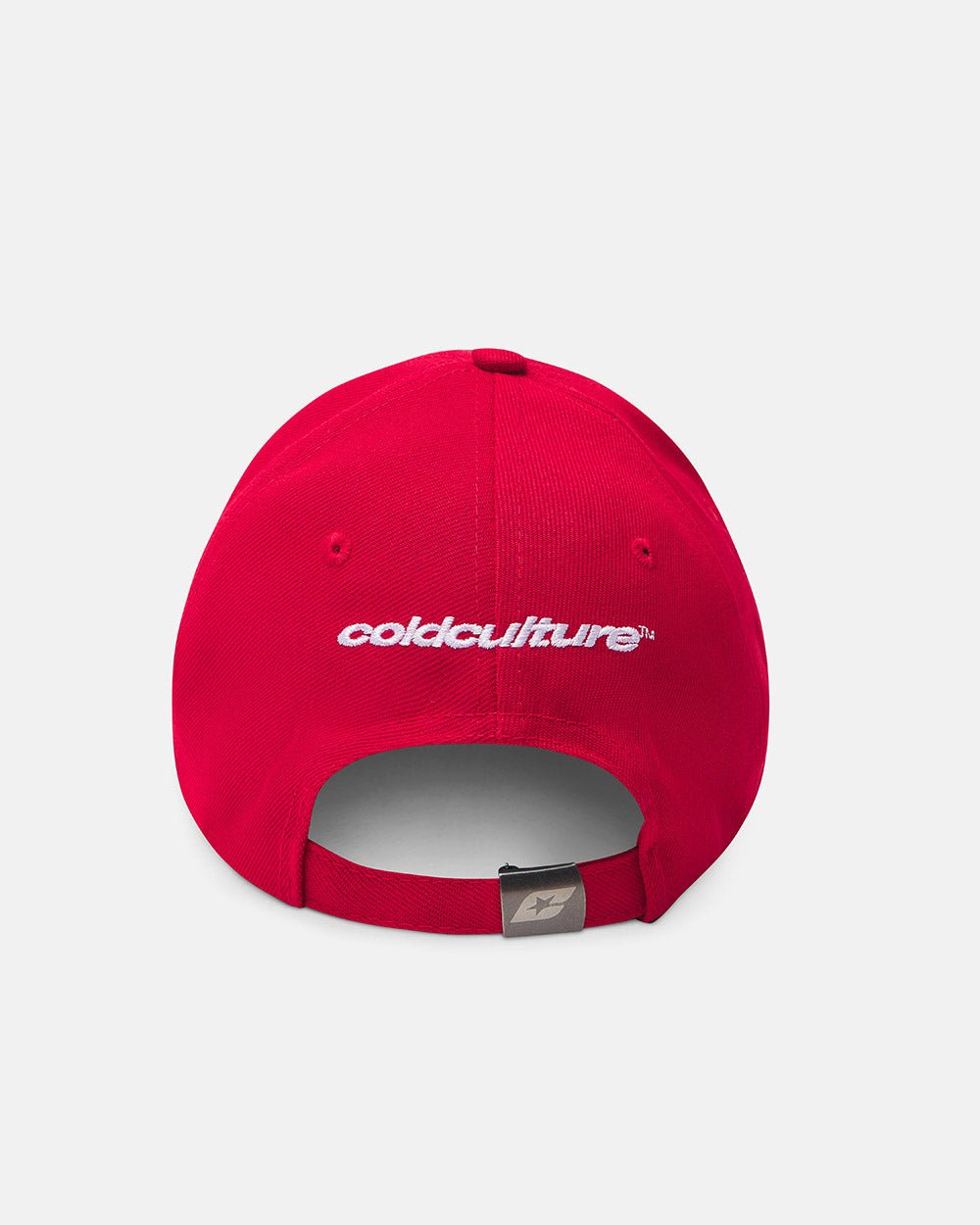 RIOT CAP RED - red logo print cap, back view - Cold Culture #packshot