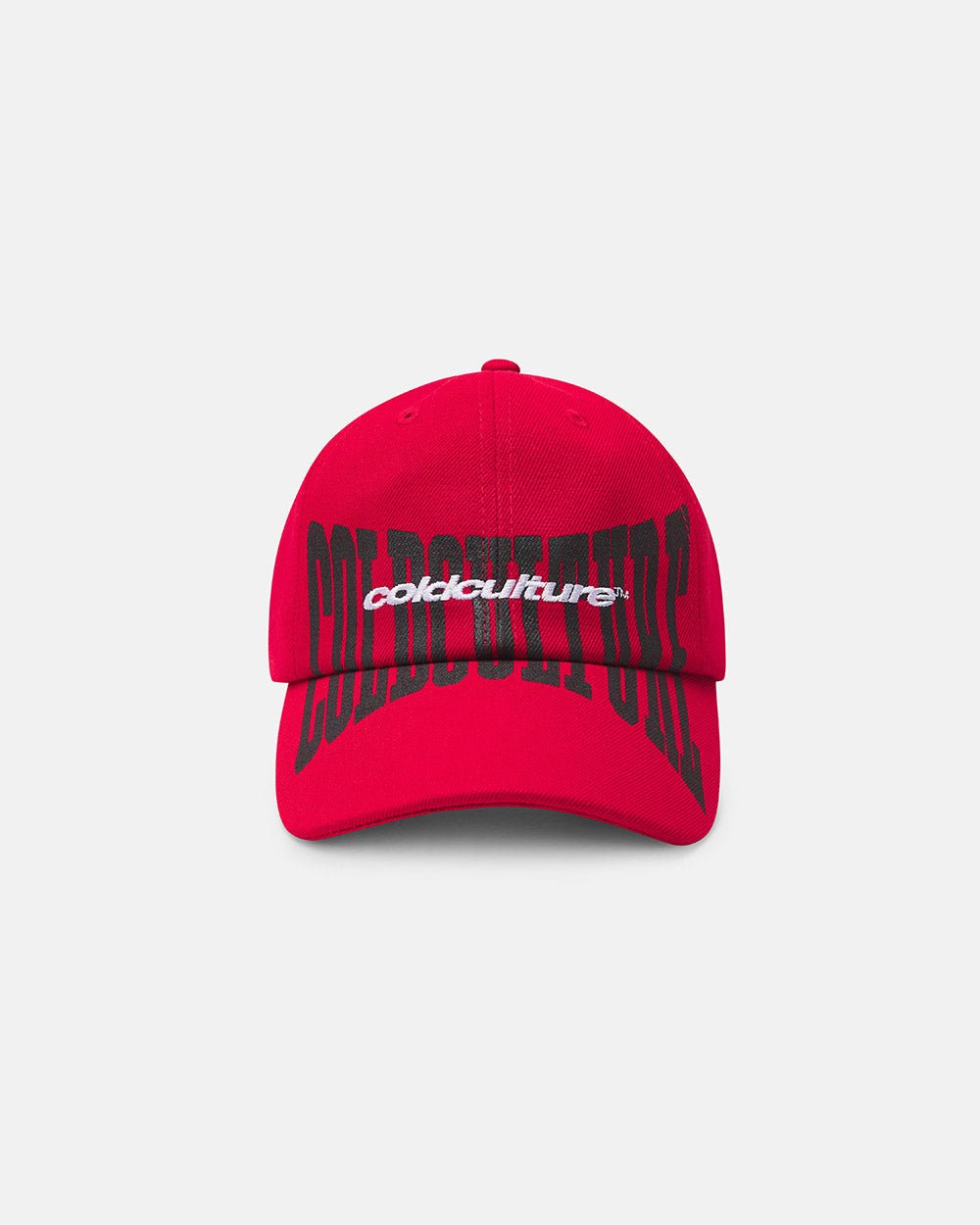 RIOT CAP RED - red logo print cap, front view - Cold Culture #packshot