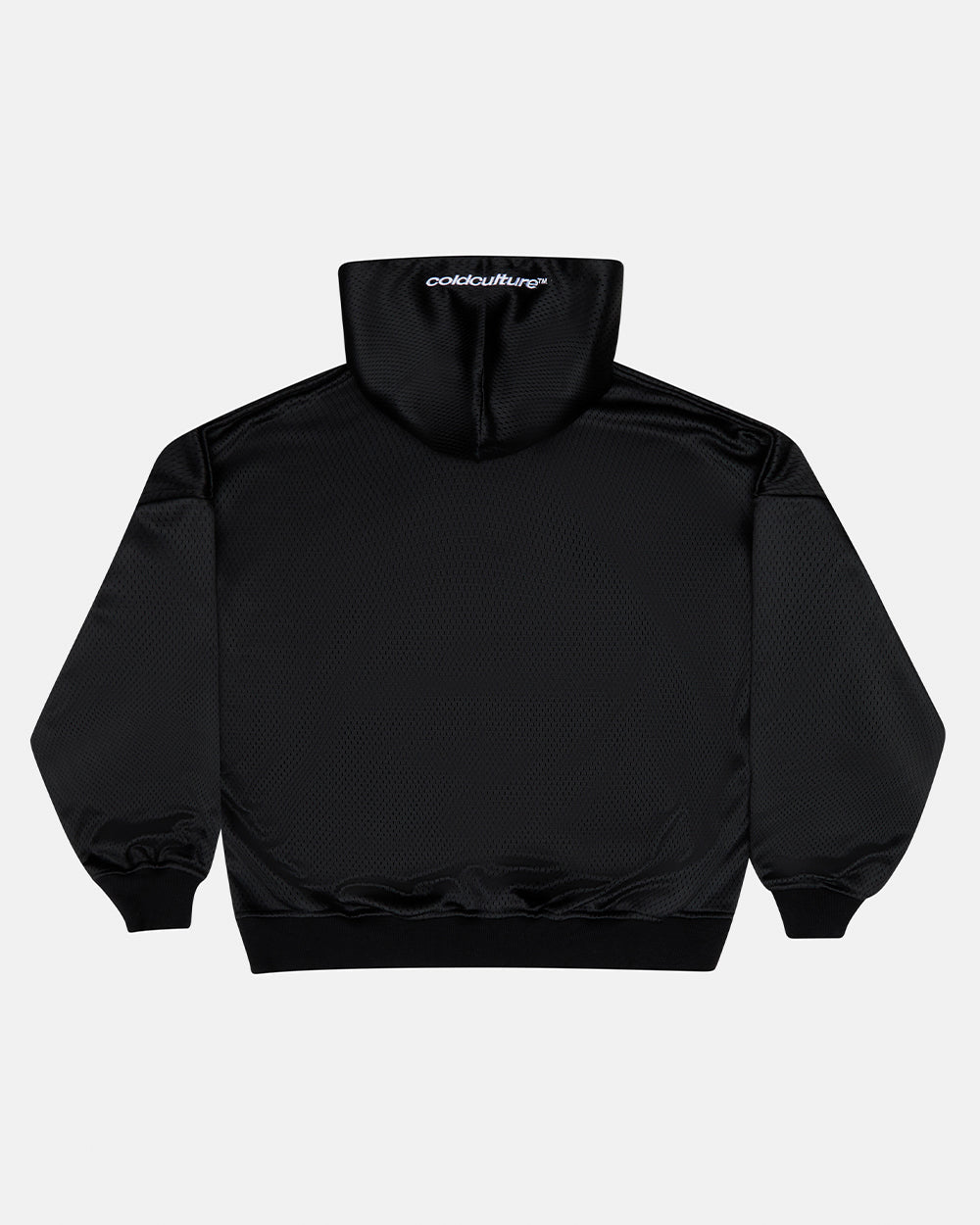 RIOT MESH HOODIE BLACK - black mesh hoodie, back view - Cold Culture #packshot