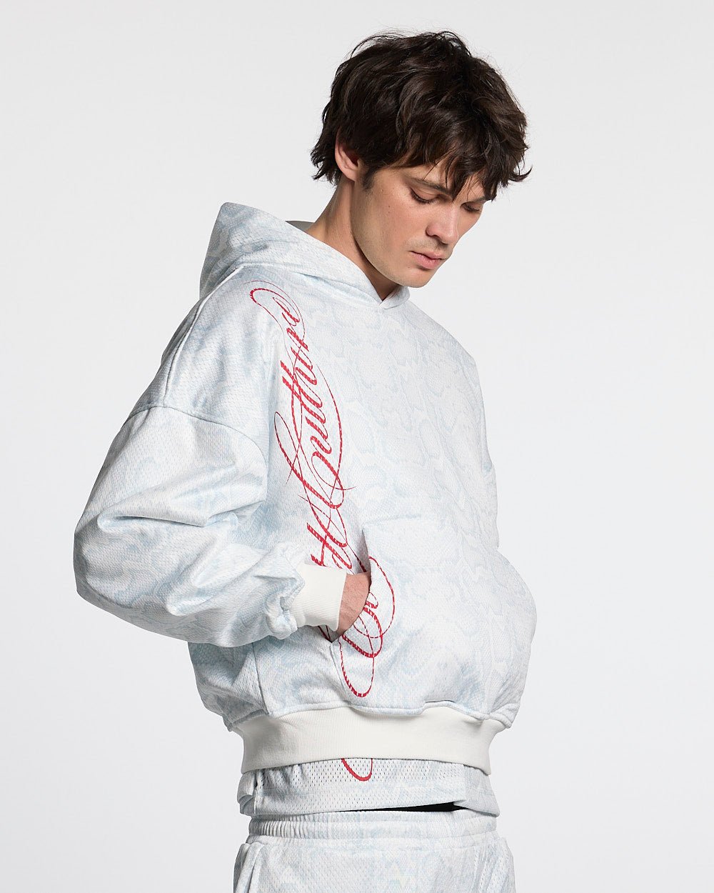 RIOT MESH HOODIE WHITE - white mesh hoodie, front view on male model - Cold Culture #man