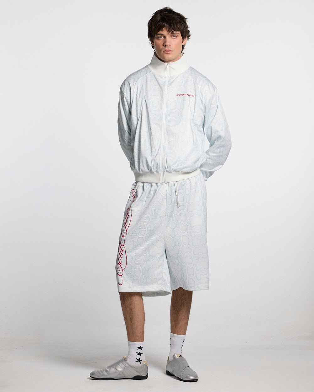 RIOT MESH JACKET WHITE - white snakeskin print track jacket, front view on male model - Cold Culture #man