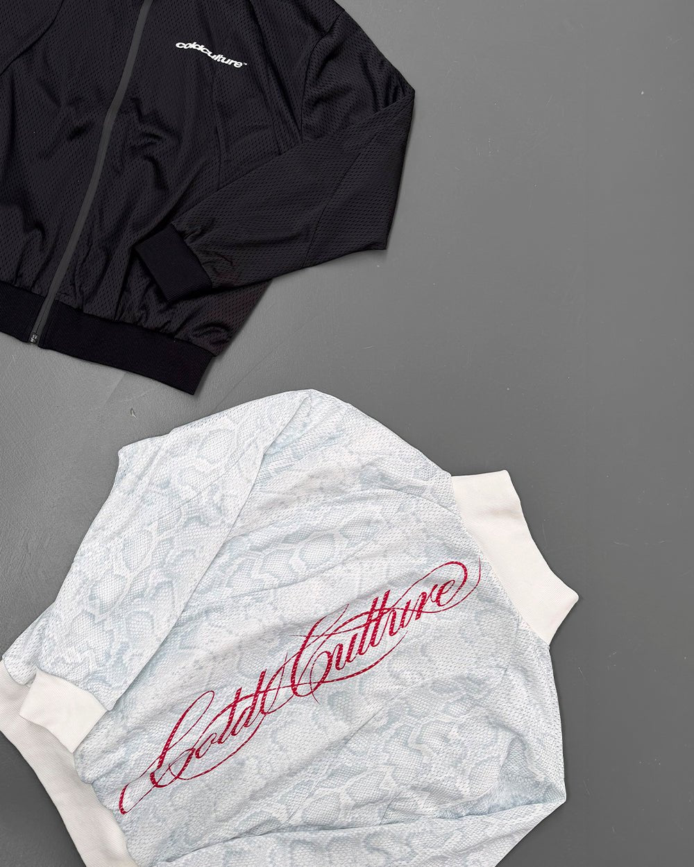 RIOT MESH JACKET WHITE - white snakeskin print track jacket, flat lay - Cold Culture