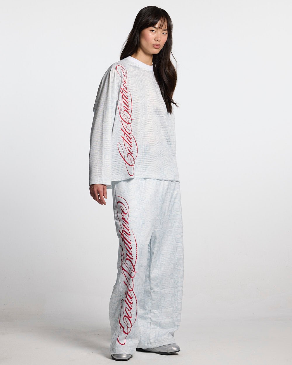 RIOT MESH LONGSLEEVE WHITE - white mesh longsleeve tee, front view on female model - Cold Culture #woman