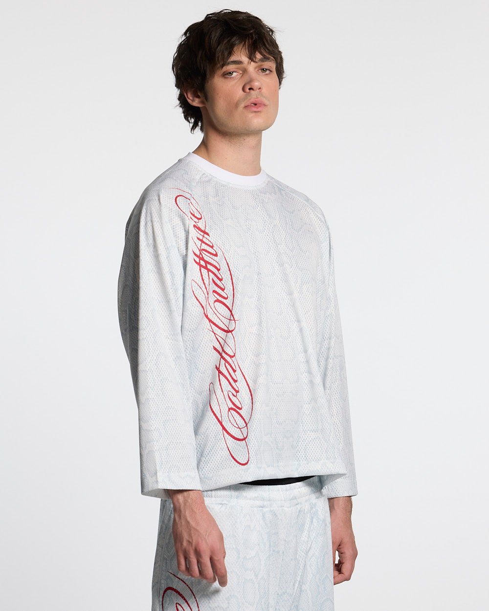 RIOT MESH LONGSLEEVE WHITE - white mesh longsleeve tee, front view on male model - Cold Culture #man