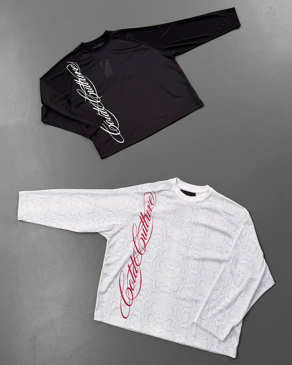 RIOT MESH LONGSLEEVE WHITE - white mesh longsleeve tee, flat lay - Cold Culture