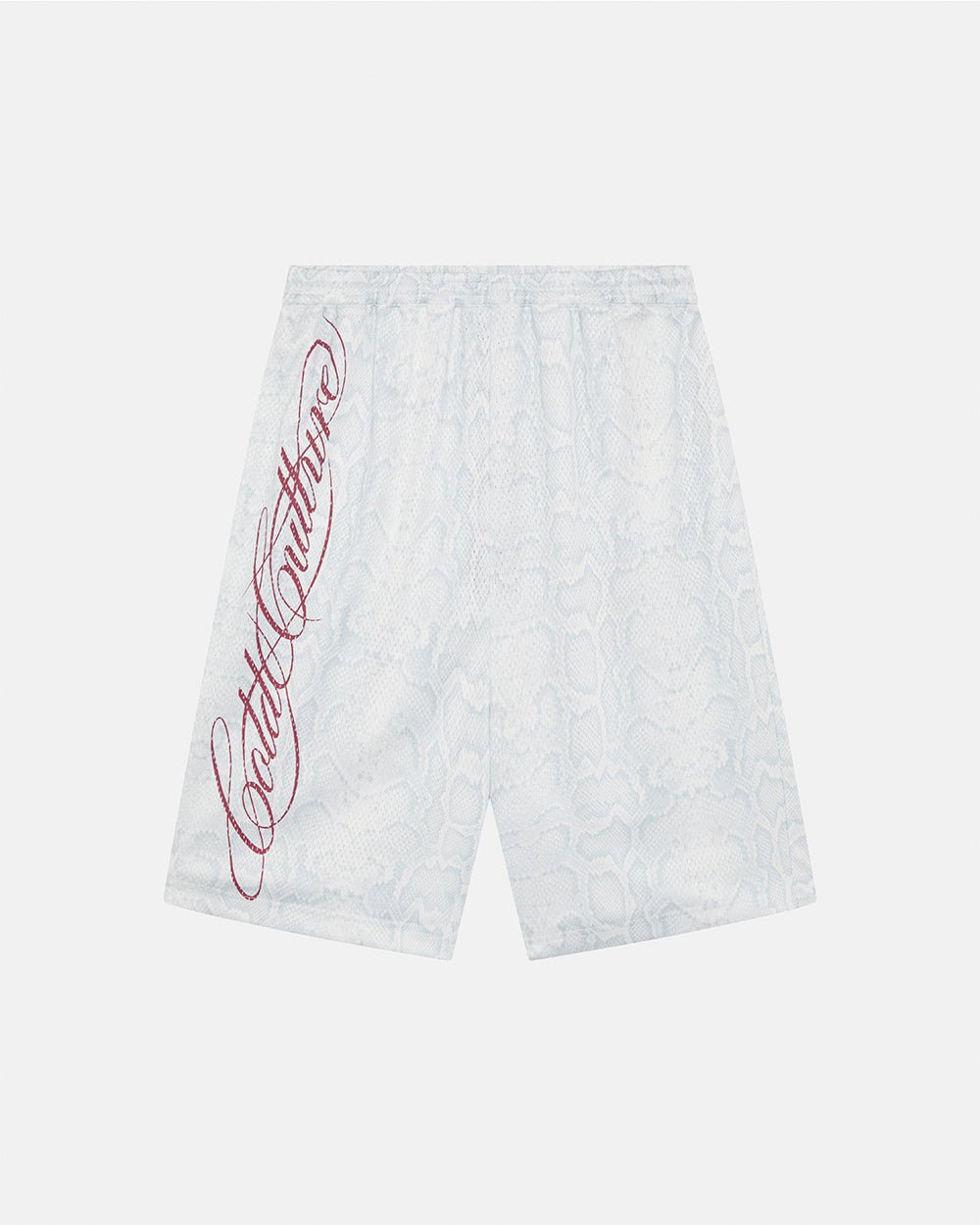 RIOT MESH SHORT WHITE - white snake print mesh shorts, front view - Cold Culture #packshot
