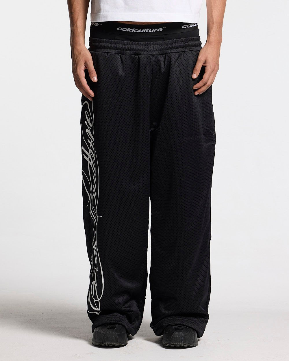 RIOT MESH SWEATPANTS BLACK - black mesh sweatpants, front view on male model - Cold Culture