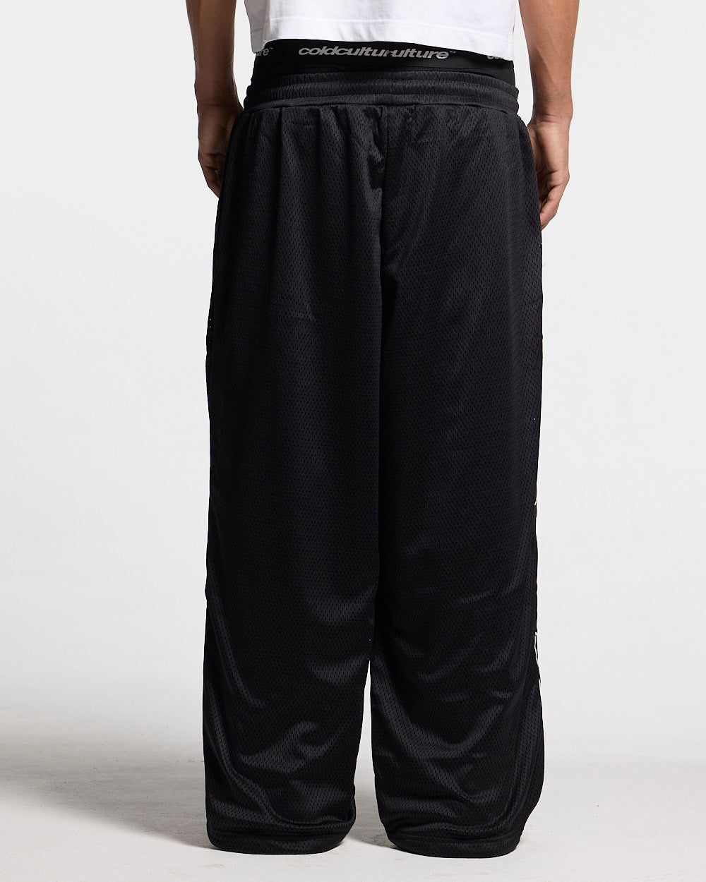 RIOT MESH SWEATPANTS BLACK - black mesh sweatpants, back view on male model - Cold Culture