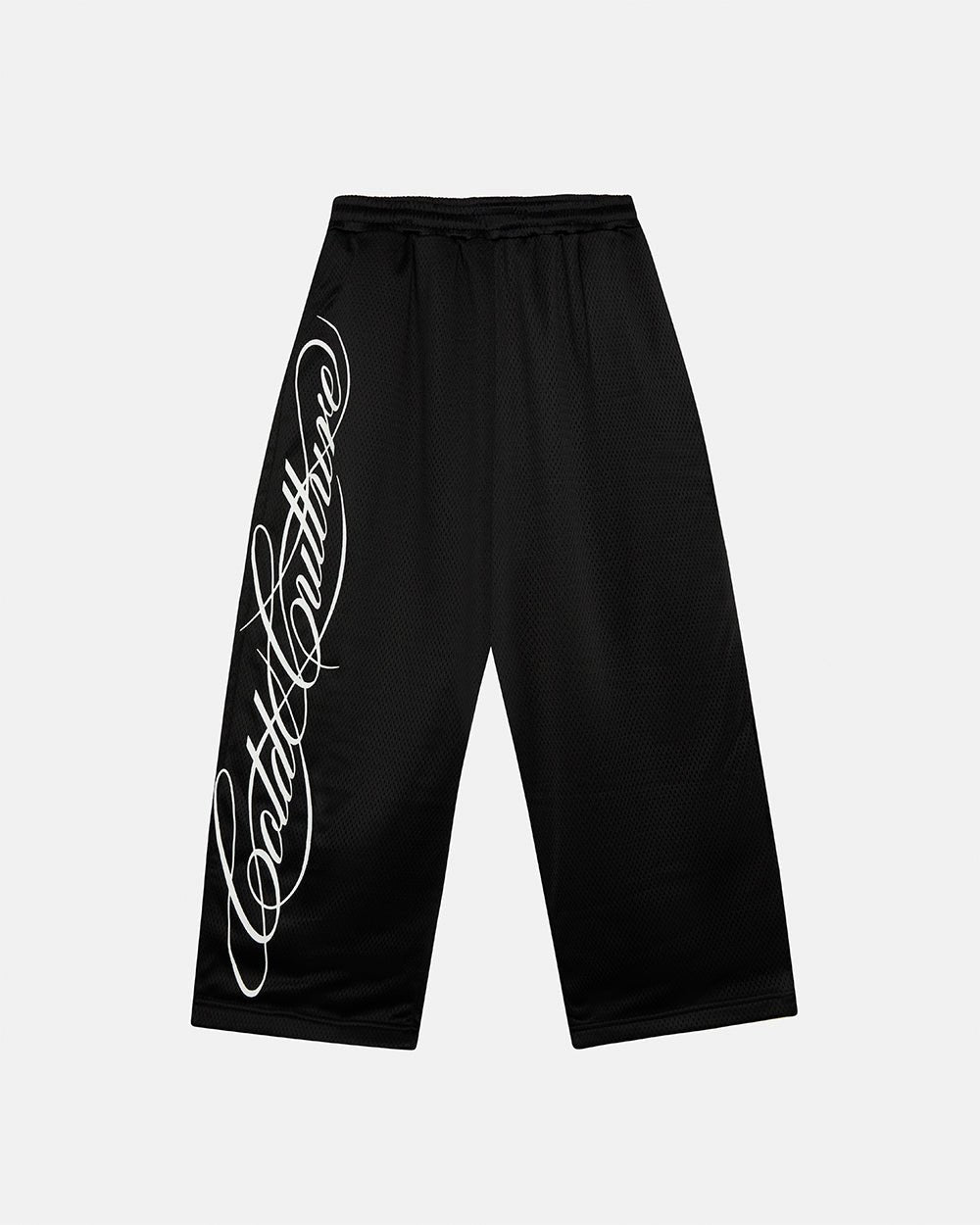 RIOT MESH SWEATPANTS BLACK - black mesh sweatpants, front view - Cold Culture #packshot