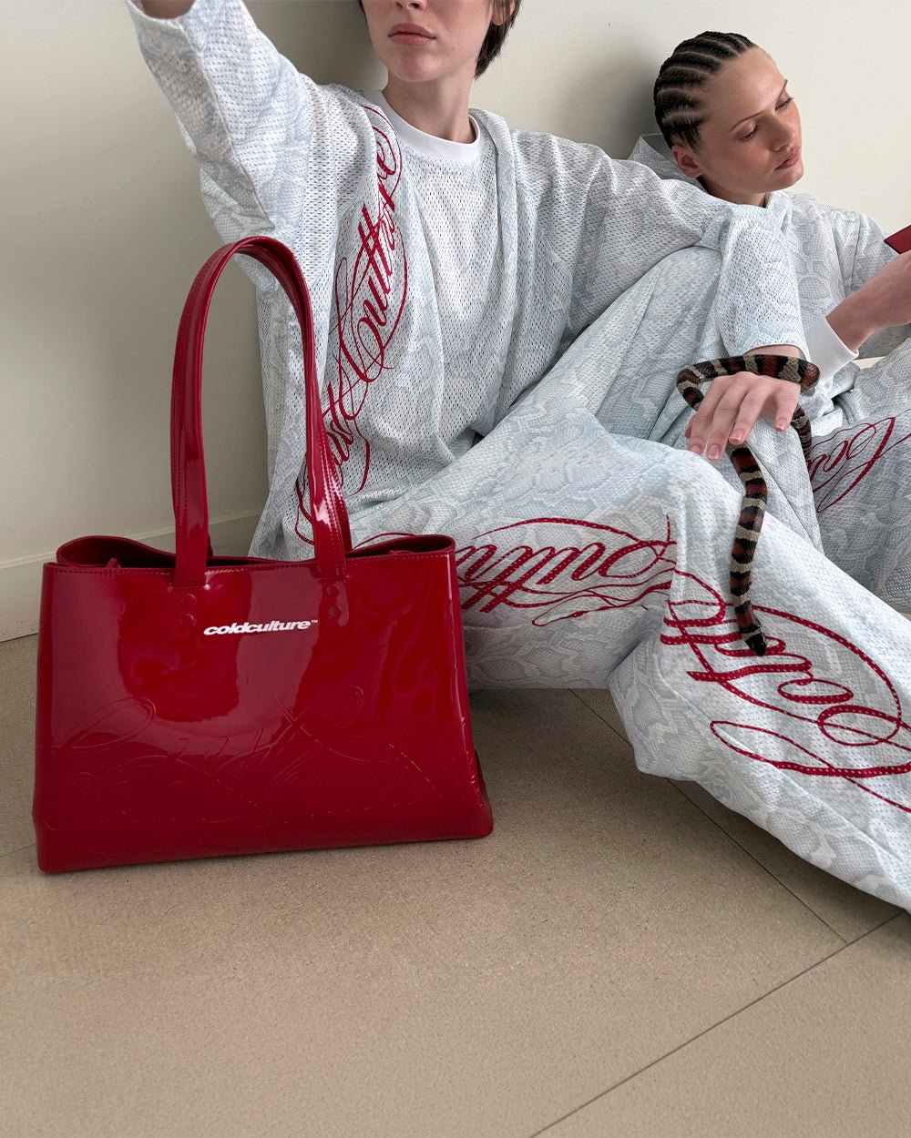 RIOT MESH SWEATPANTS WHITE - white snakeskin print sweatpants, street style shot - Cold Culture #woman