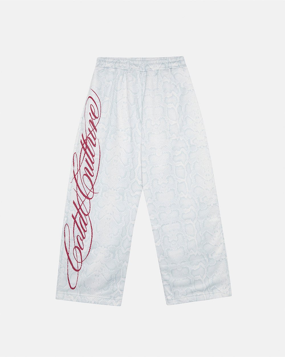 RIOT MESH SWEATPANTS WHITE - white snakeskin print sweatpants, front view - Cold Culture #packshot
