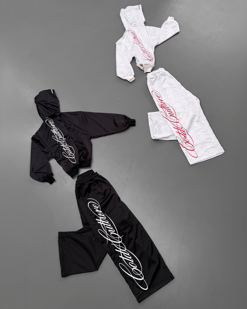 RIOT MESH SWEATPANTS WHITE - white snakeskin print sweatpants, flat lay with matching pieces - Cold Culture