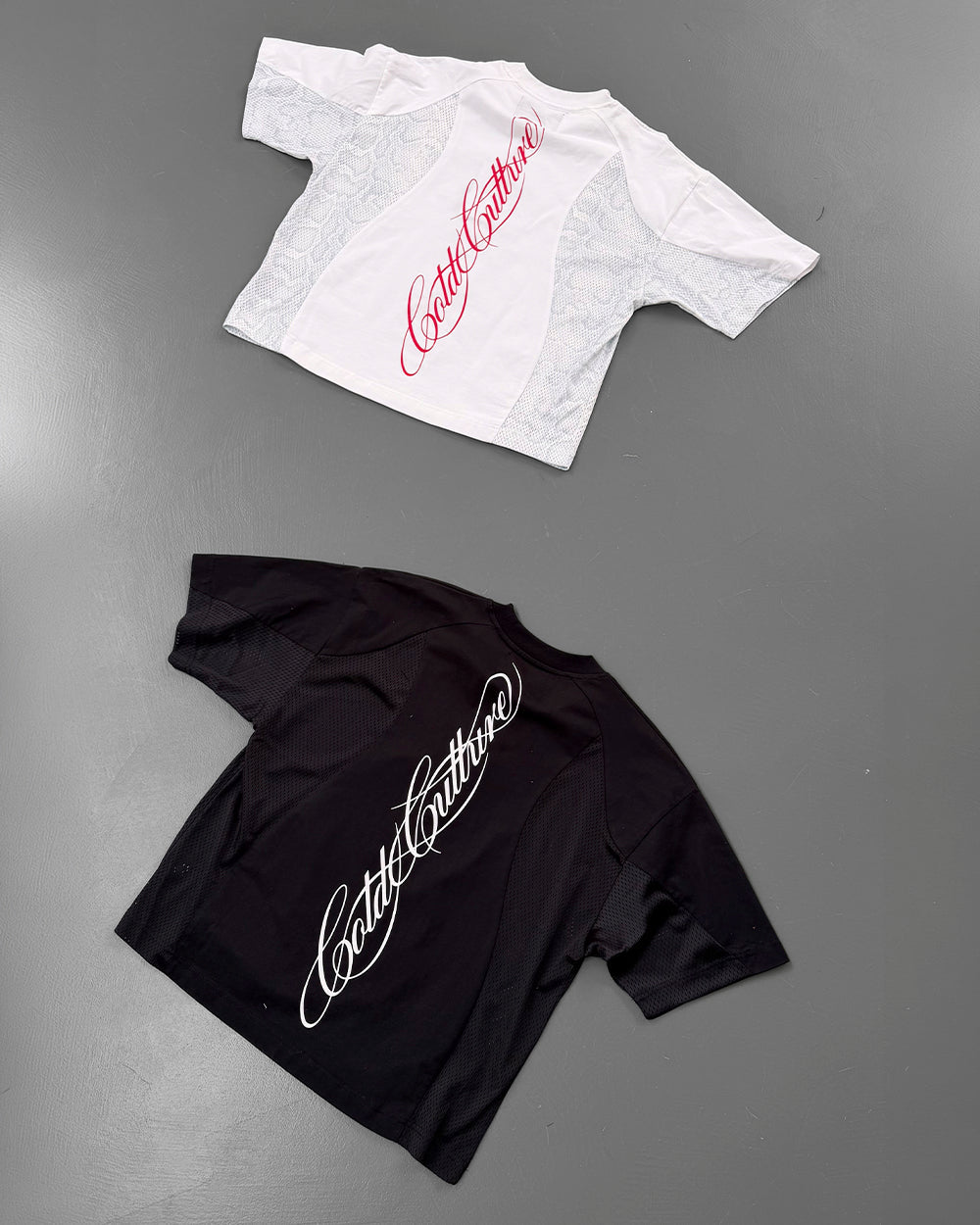 RIOT MESH TEE BLACK - black mesh panel tee, flat lay - Cold Culture