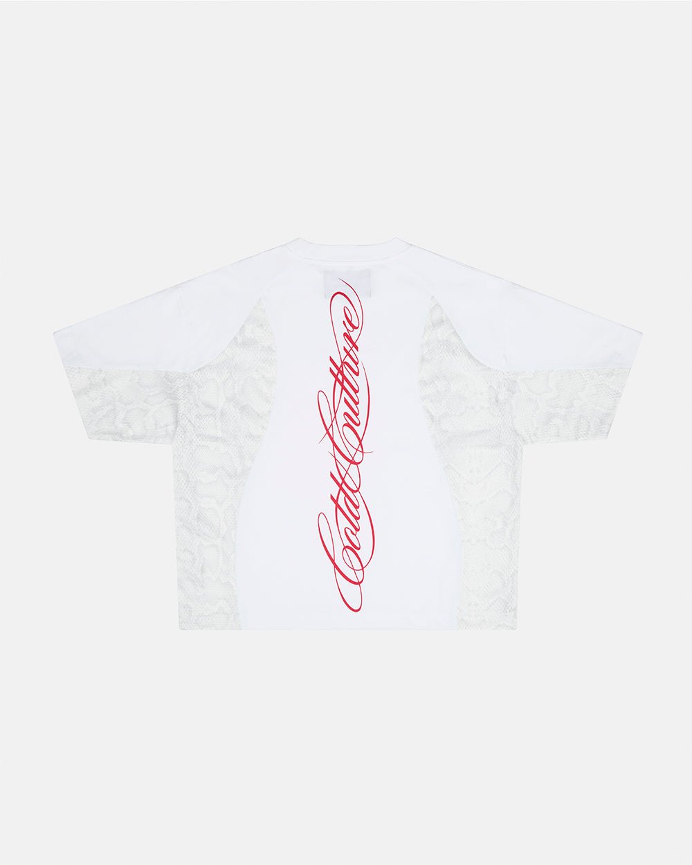 RIOT MESH TEE WHITE - white mesh panel tee, back view - Cold Culture #packshot