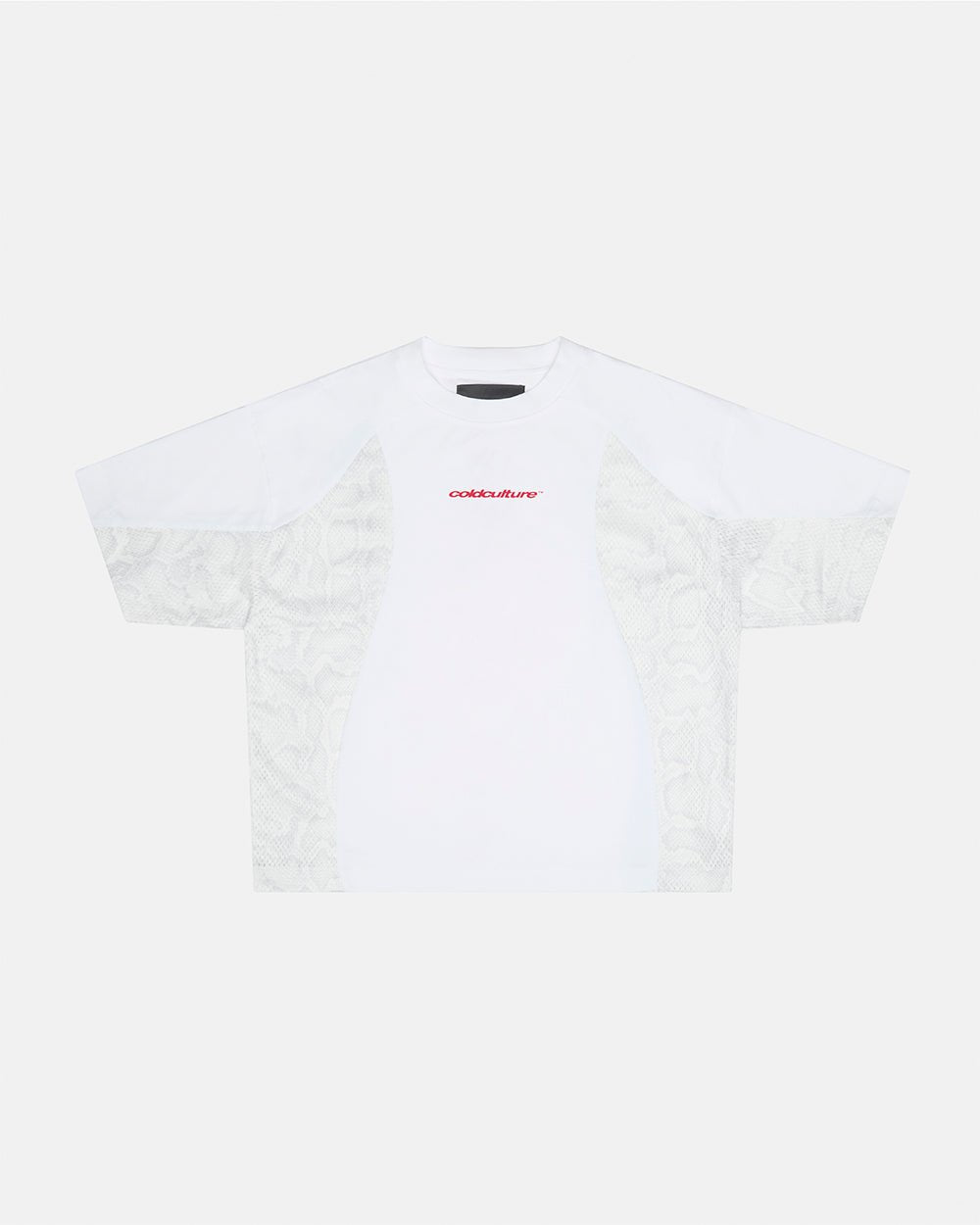 RIOT MESH TEE WHITE - white mesh panel tee, front view - Cold Culture #packshot