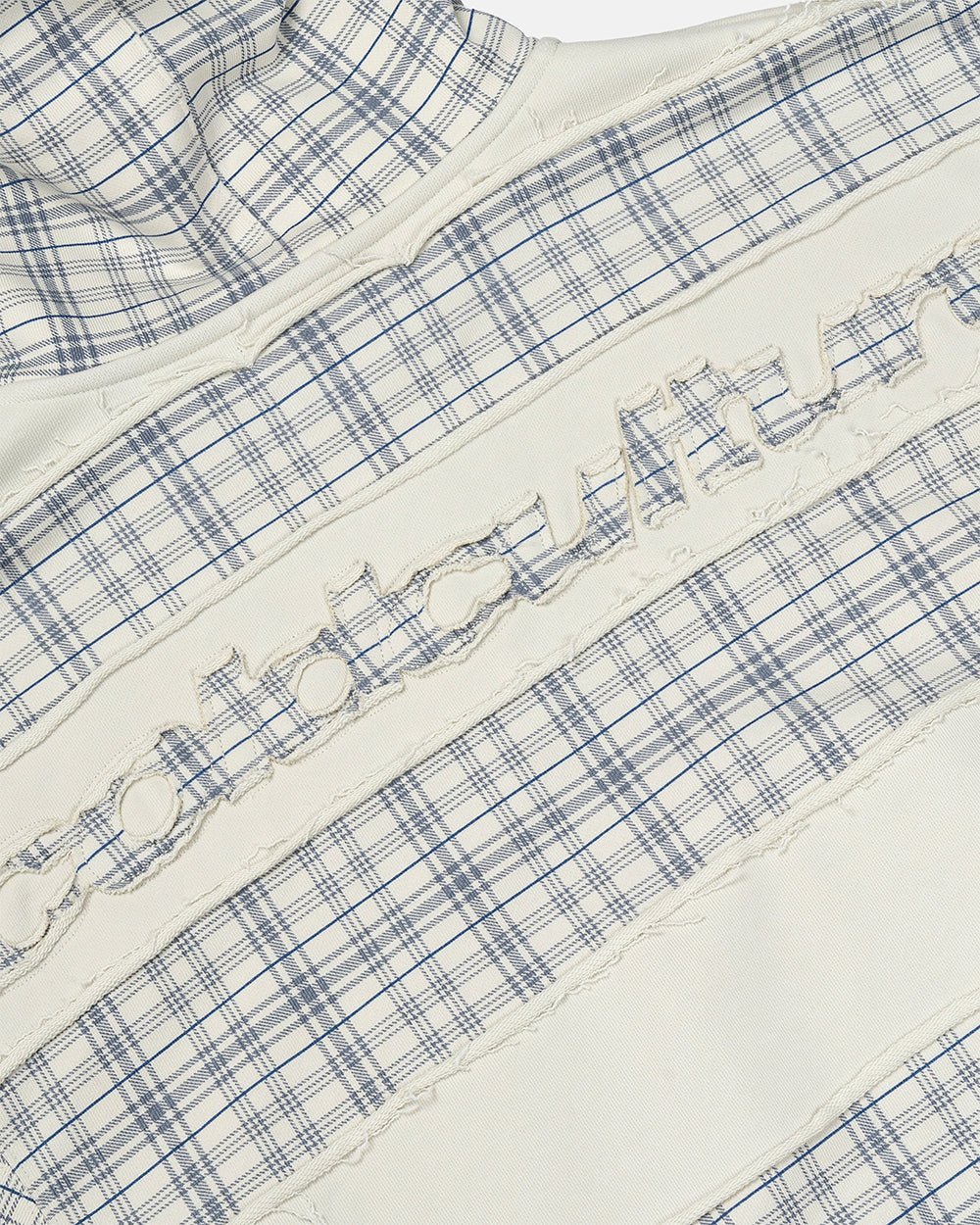 RIPPED ZIP HOODIE WHITE - off-white plaid zip-up hoodie, detail close-up - Cold Culture