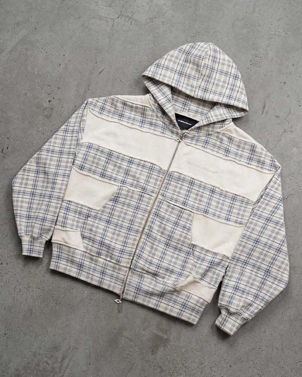 RIPPED ZIP HOODIE WHITE - off-white plaid zip-up hoodie, flat lay - Cold Culture