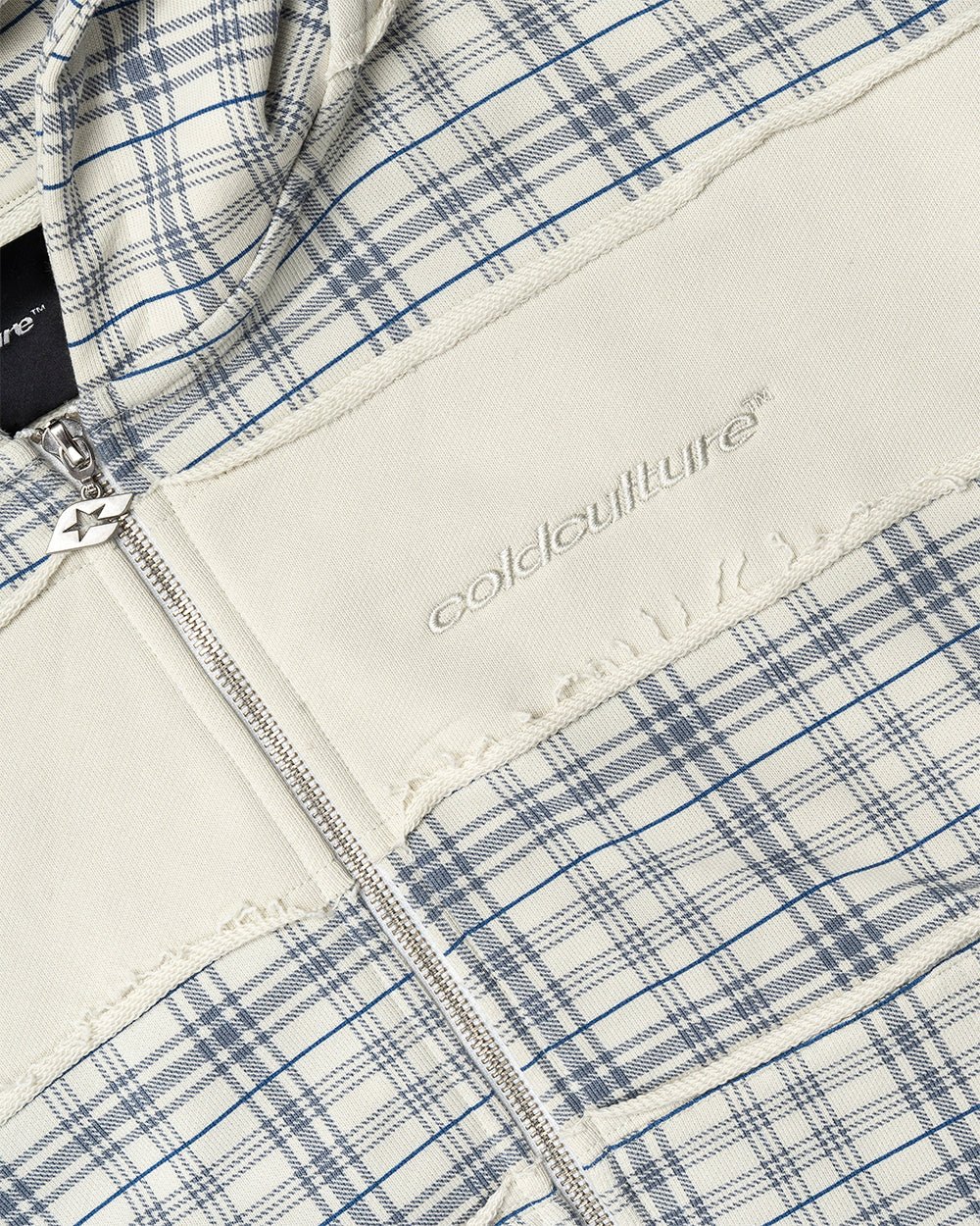 RIPPED ZIP HOODIE WHITE - off-white plaid zip-up hoodie, detail close-up - Cold Culture
