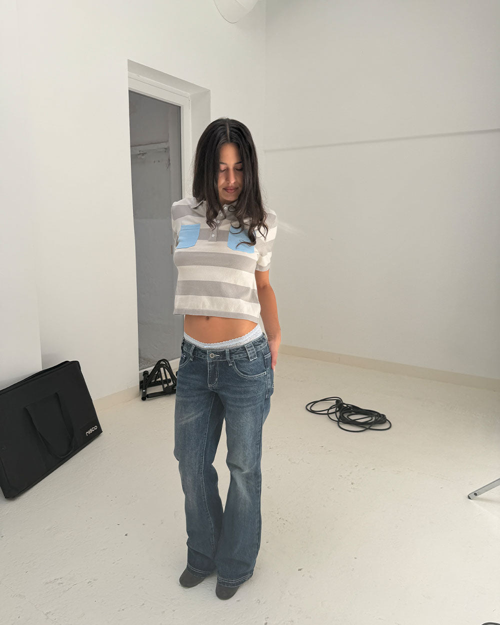 RIVETED STRIPE POLO KNIT WOMAN GREY - Cold Culture #woman
