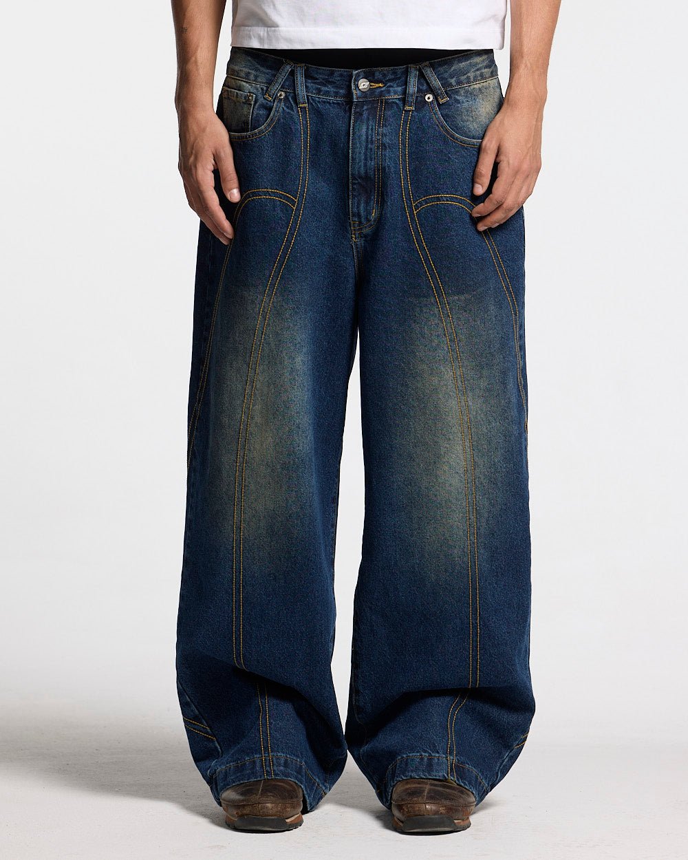 ROCKSTAR V2 PANTS DENIM - washed blue denim pants, front view on male model - Cold Culture