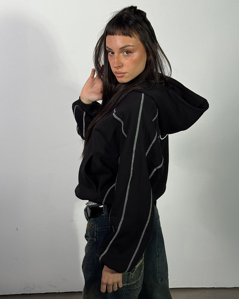 ROLLER HOODIE BLACK - black oversized hoodie, side view - Cold Culture #woman