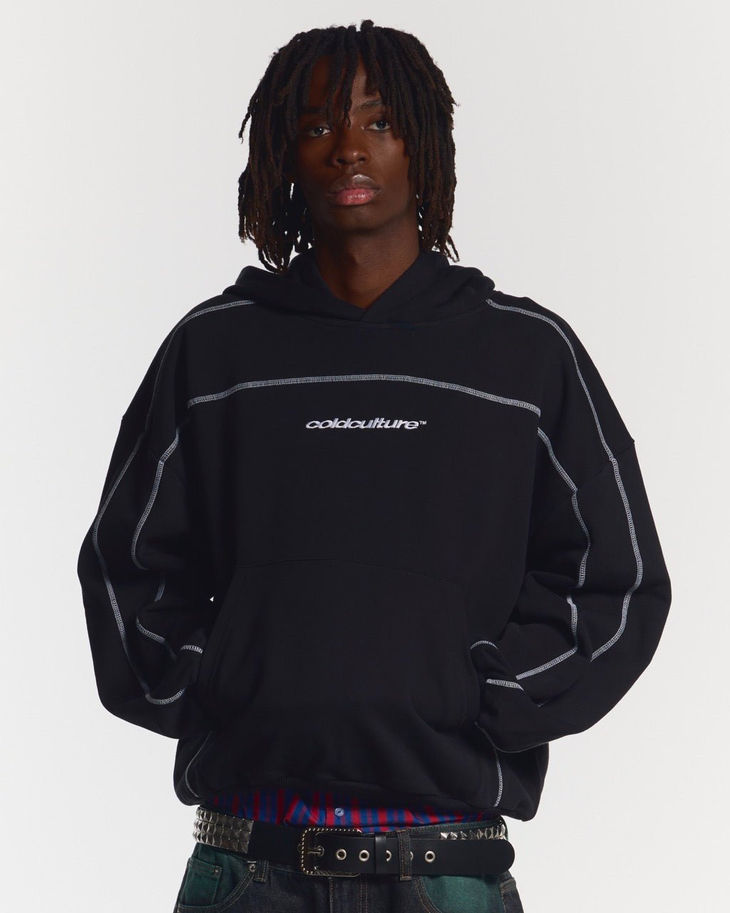 ROLLER HOODIE BLACK - black oversized hoodie, front view on male model - Cold Culture #man