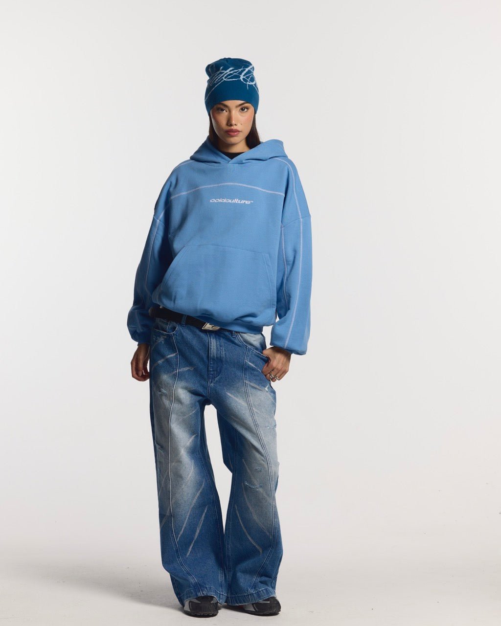 ROLLER HOODIE BLUE - blue oversized hoodie, front view on female model - Cold Culture #woman