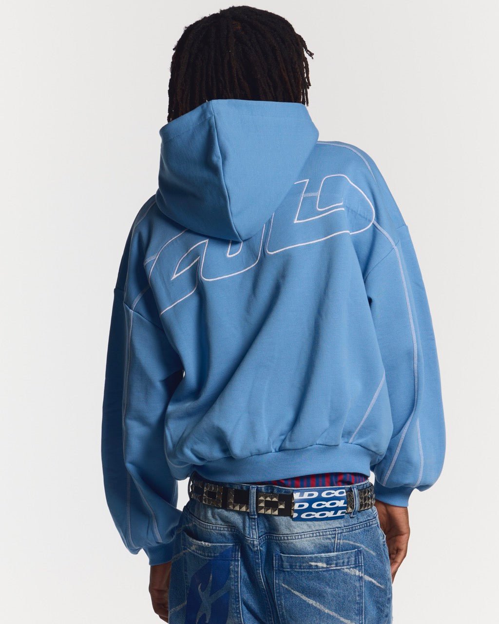 ROLLER HOODIE BLUE - blue oversized hoodie, back view on male model - Cold Culture #man