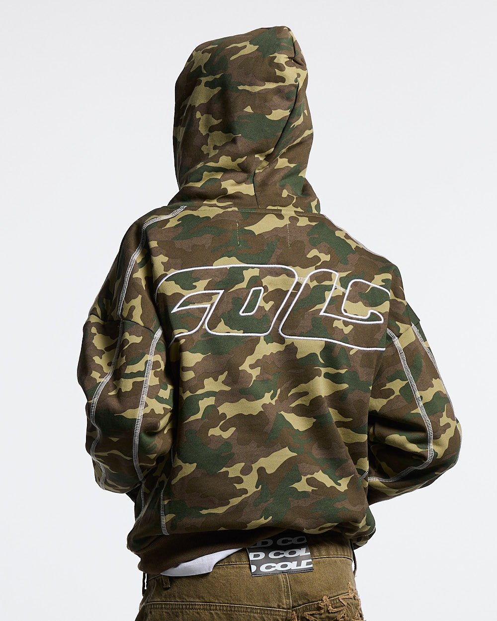ROLLER HOODIE CAMO GREEN - green camo hoodie, back view on female model - Cold Culture #woman