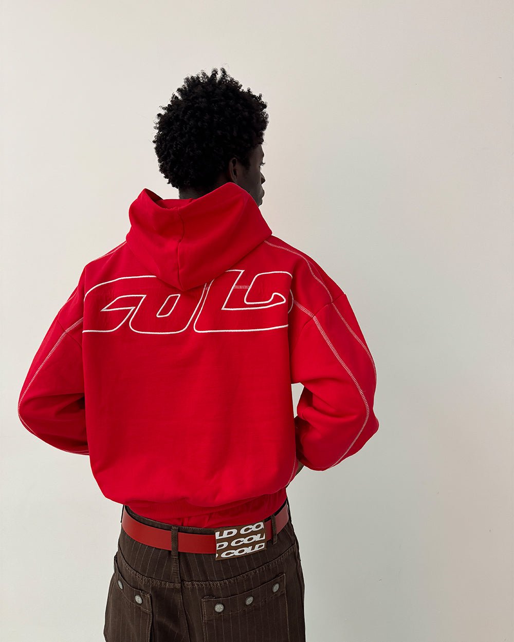ROLLER HOODIE RED - red contrast stitch hoodie, back view on male model - Cold Culture