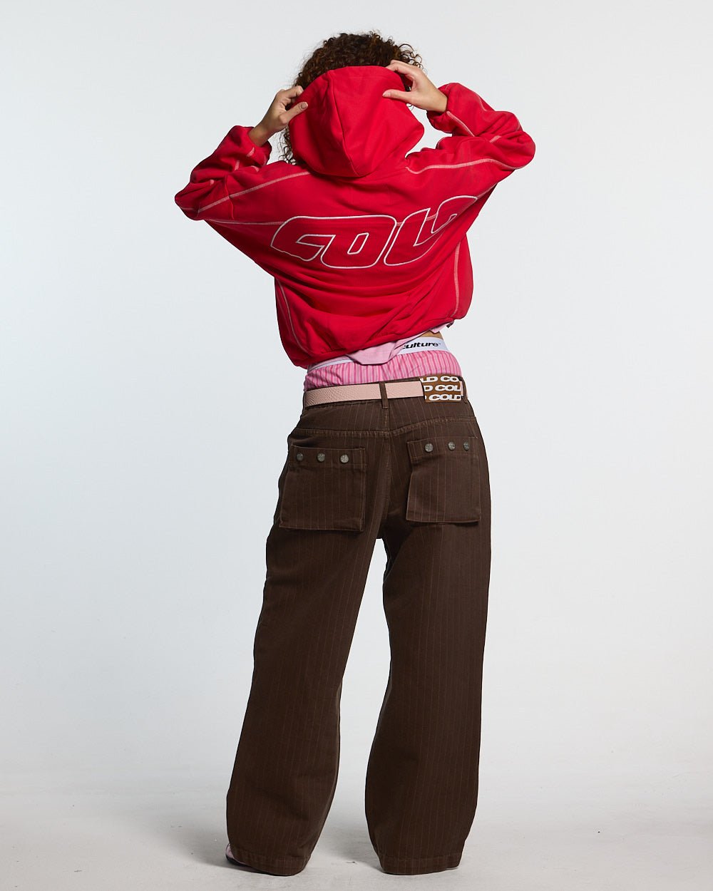 ROLLER HOODIE RED - red contrast stitch hoodie, back view on female model - Cold Culture #woman