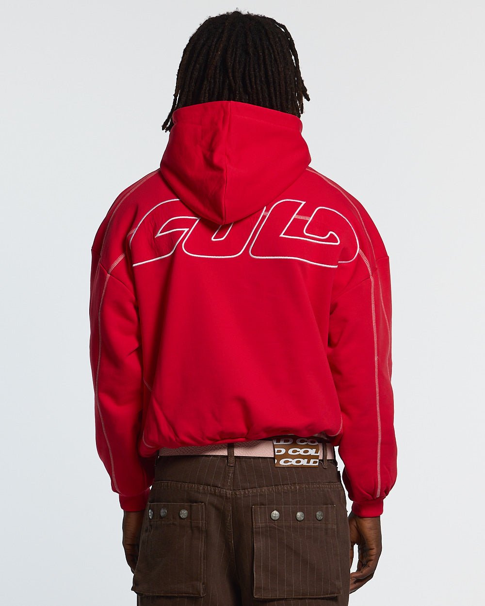 ROLLER HOODIE RED - red contrast stitch hoodie, back view on male model - Cold Culture