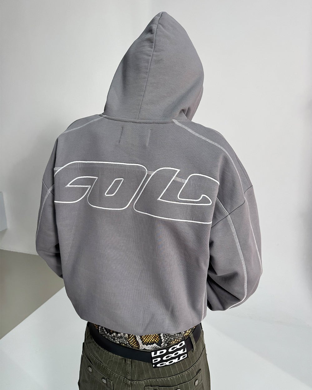 ROLLER HOODIE SMOKEY GREY - smokey grey contrast stitch hoodie, back view on male model - Cold Culture