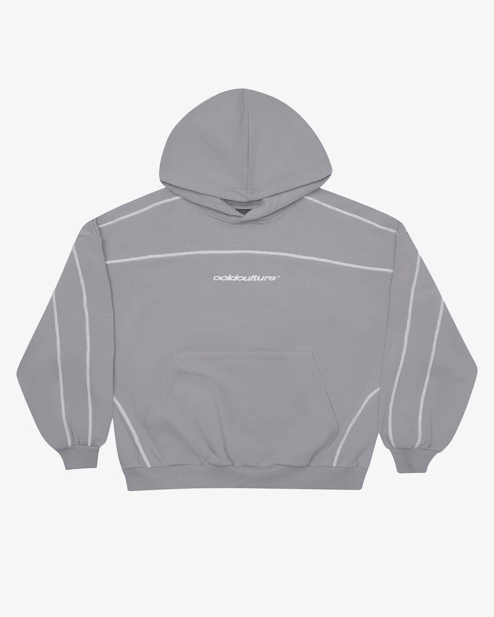 ROLLER HOODIE SMOKEY GREY - smokey grey contrast stitch hoodie, front view - Cold Culture #packshot