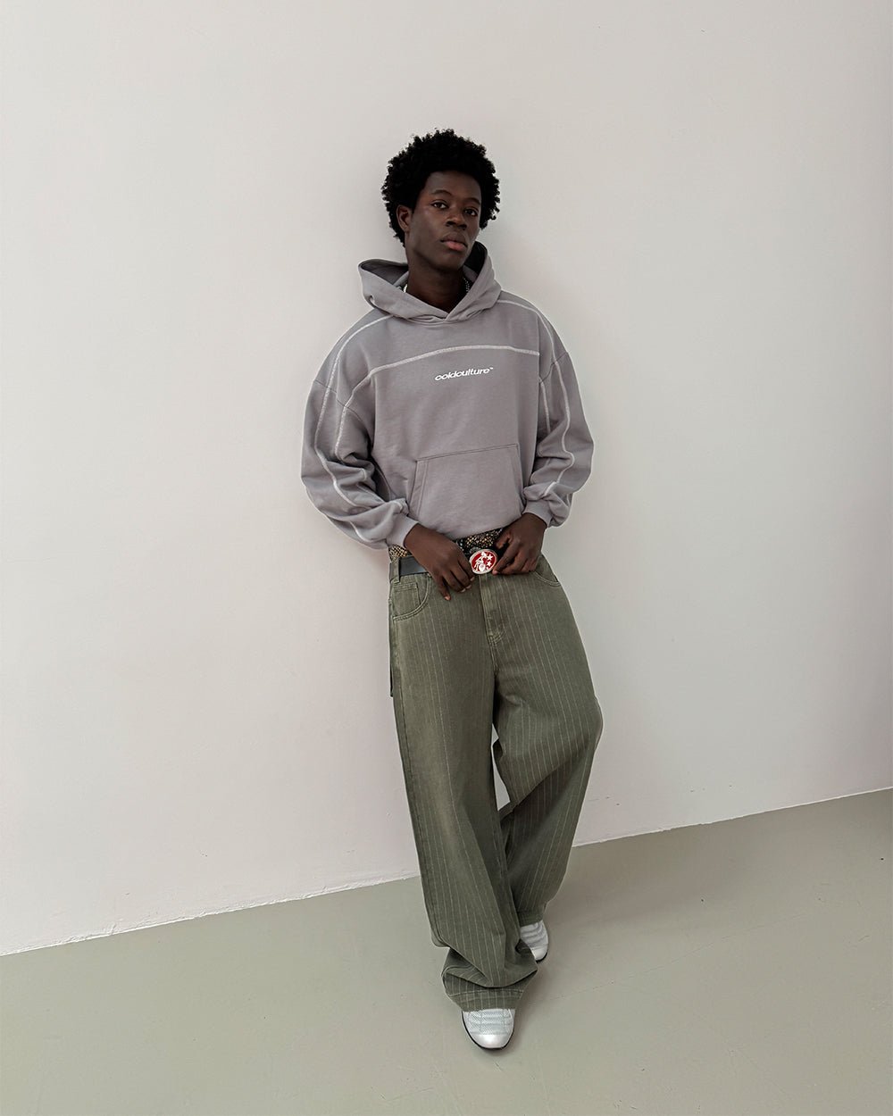 ROLLER HOODIE SMOKEY GREY - smokey grey contrast stitch hoodie, front view on male model - Cold Culture #man