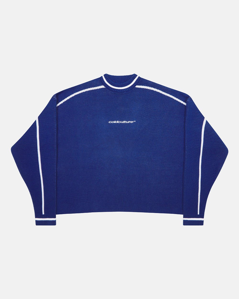 ROLLER KNIT BLUE - blue varsity knit sweater, front view - Cold Culture #packshot