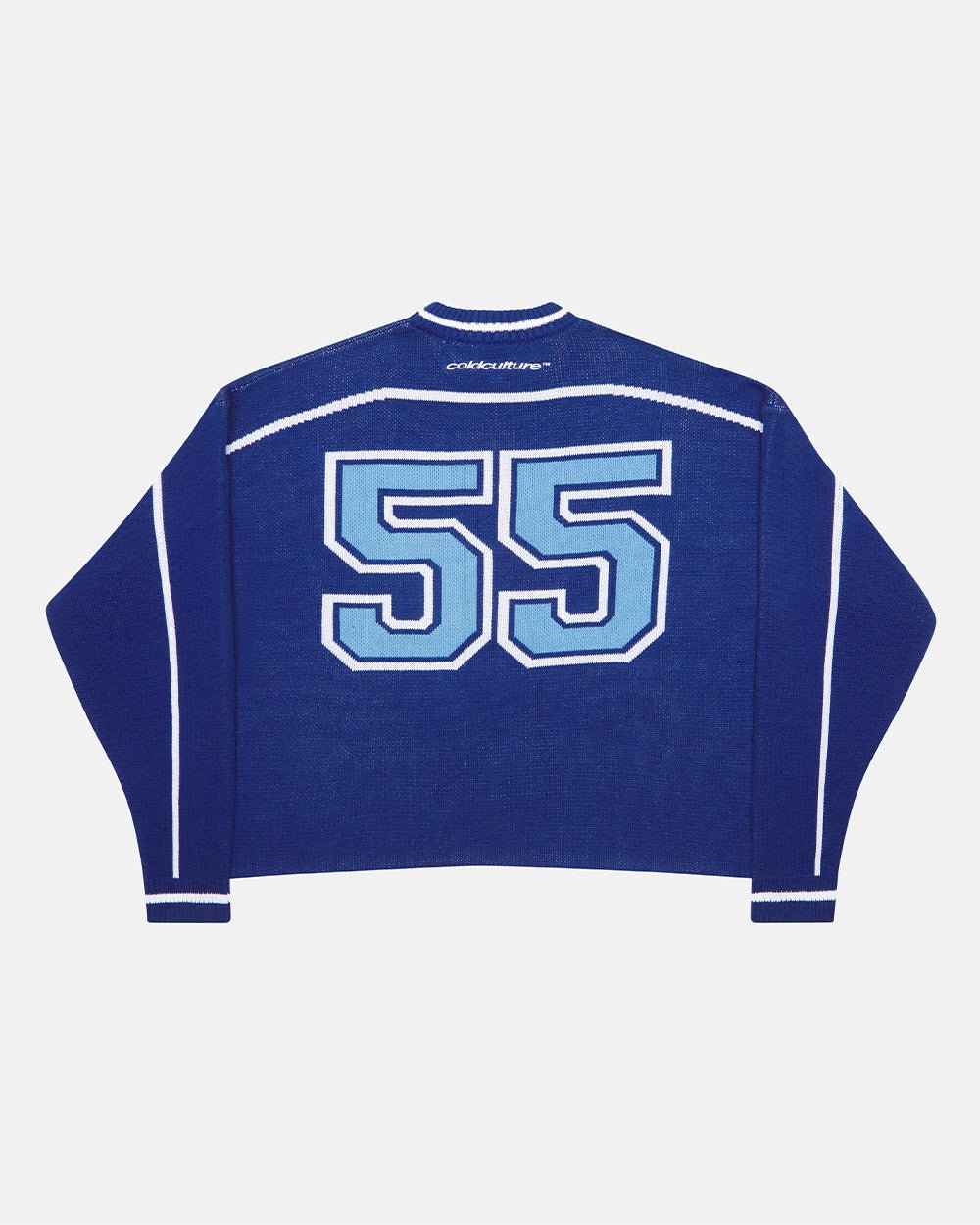 ROLLER KNIT BLUE - blue varsity knit sweater, back view - Cold Culture #packshot