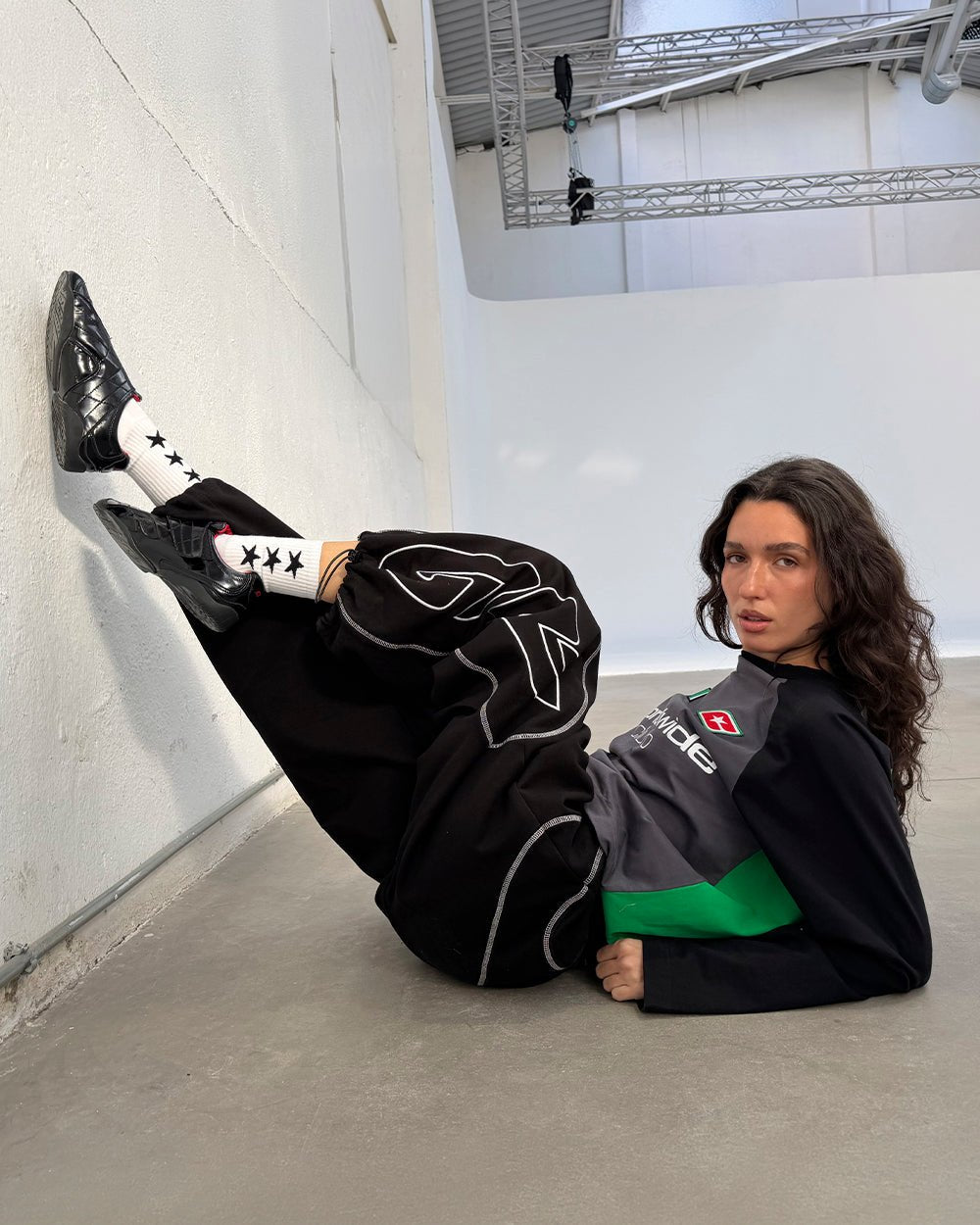 ROLLER SWEATPANTS BLACK - black contrast stitch sweatpants, street style shot - Cold Culture #woman