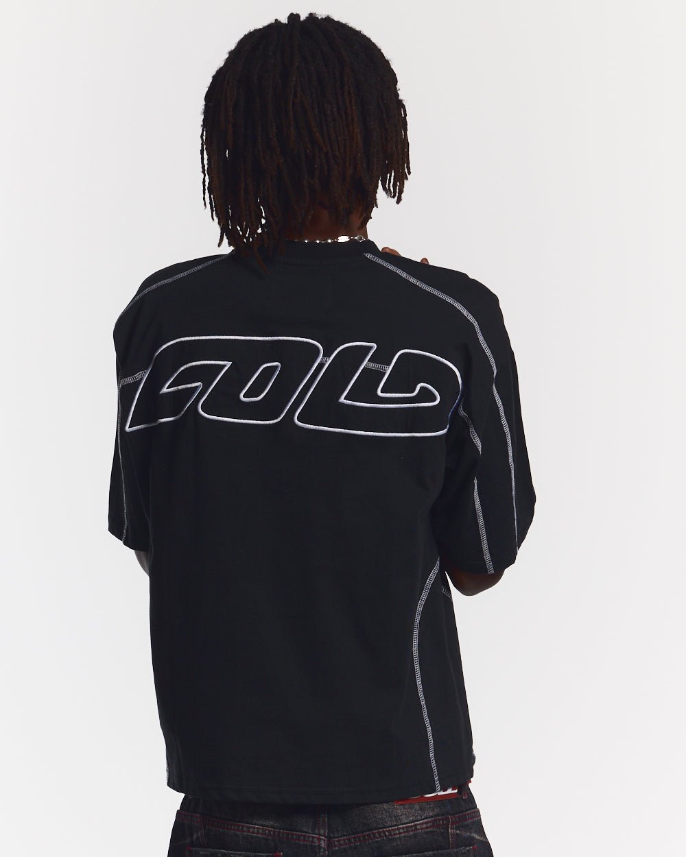 ROLLER TEE BLACK - black contrast stitch boxy tee, back view on male model - Cold Culture #man