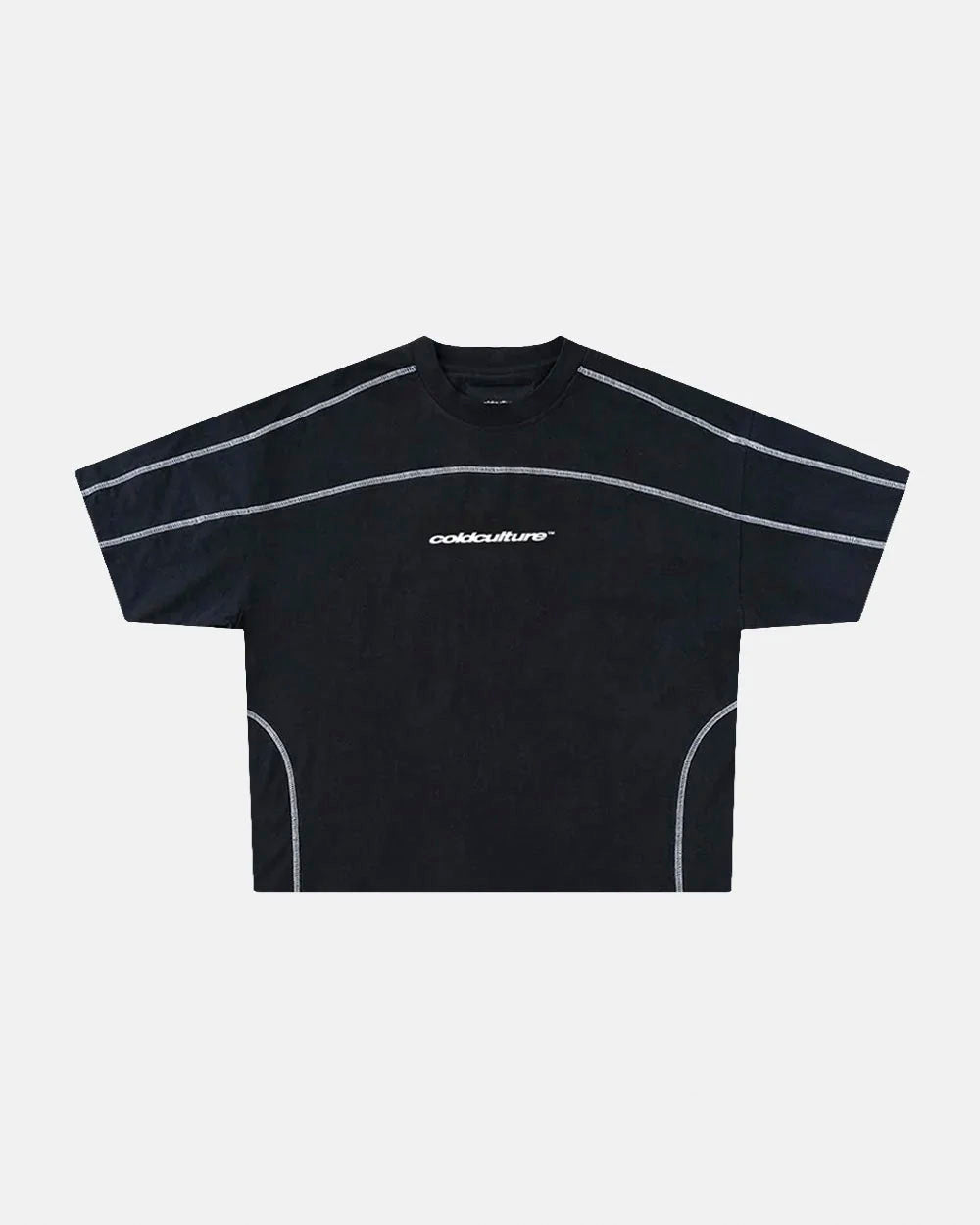 ROLLER TEE BLACK - black contrast stitch boxy tee, front view - Cold Culture #packshot