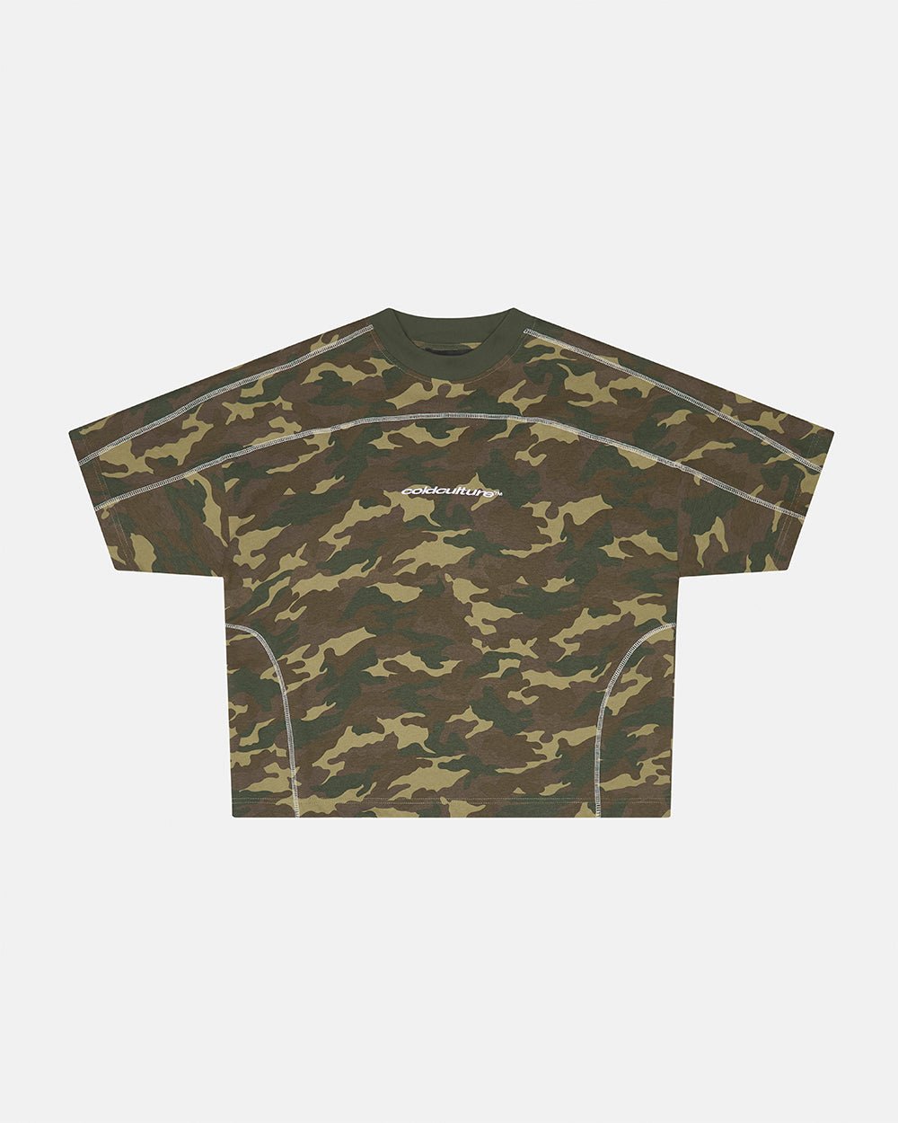 ROLLER TEE CAMO GREEN - green camo tee, front view - Cold Culture #packshot