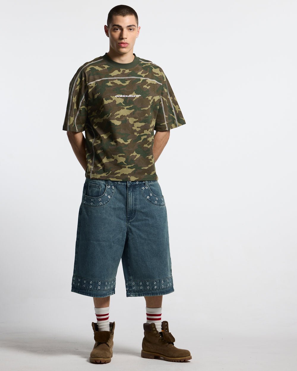 ROLLER TEE CAMO GREEN - green camo tee, front view on male model - Cold Culture #man