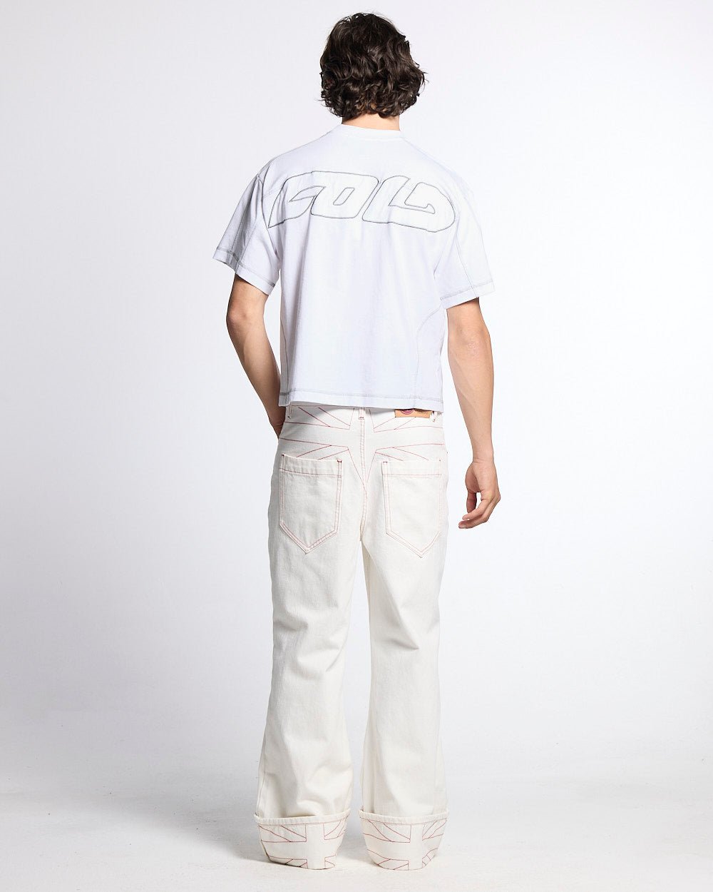 ROLLER TEE WHITE - white contrast stitch tee, back view on male model - Cold Culture #man