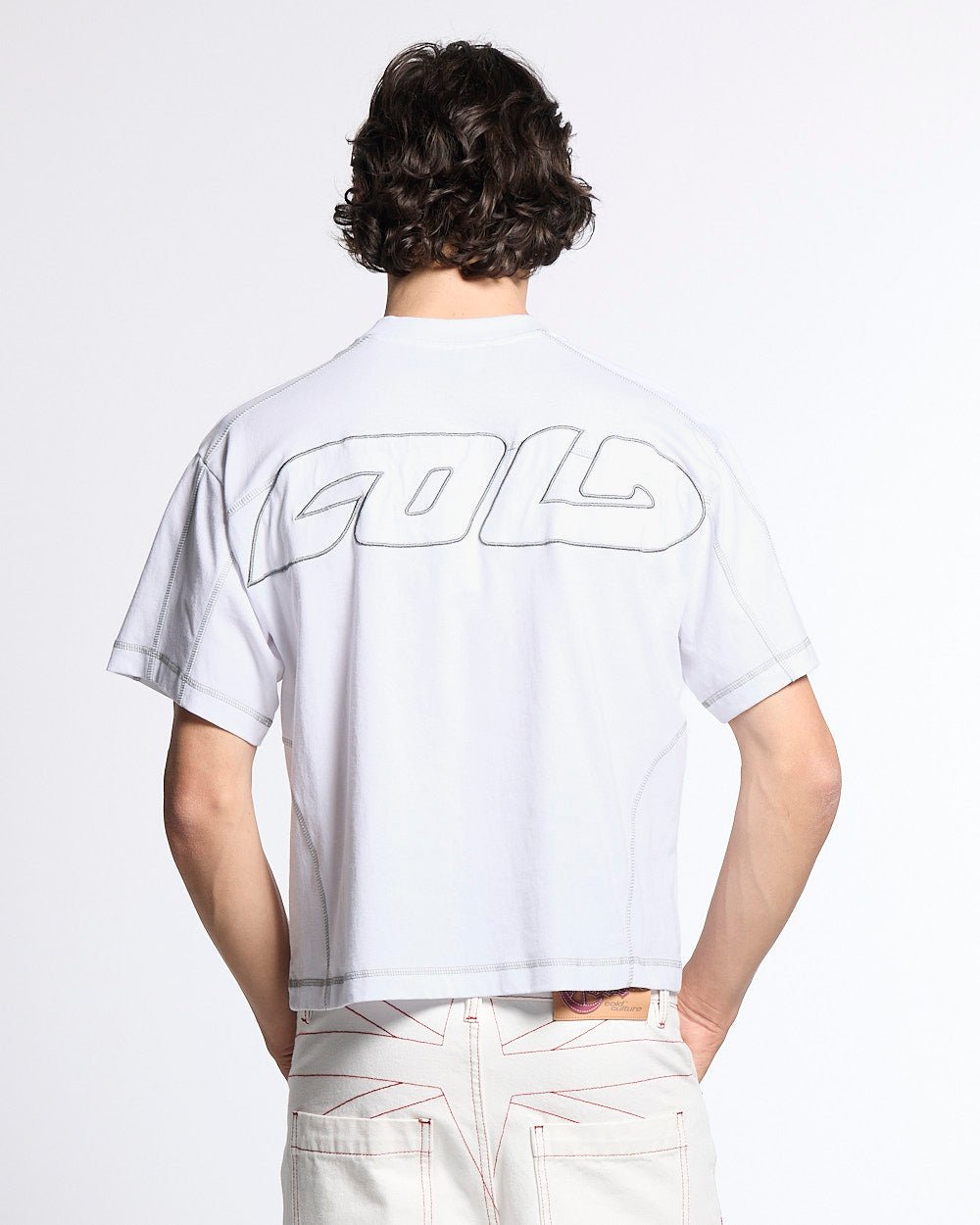 ROLLER TEE WHITE - white contrast stitch tee, back view on male model - Cold Culture #man