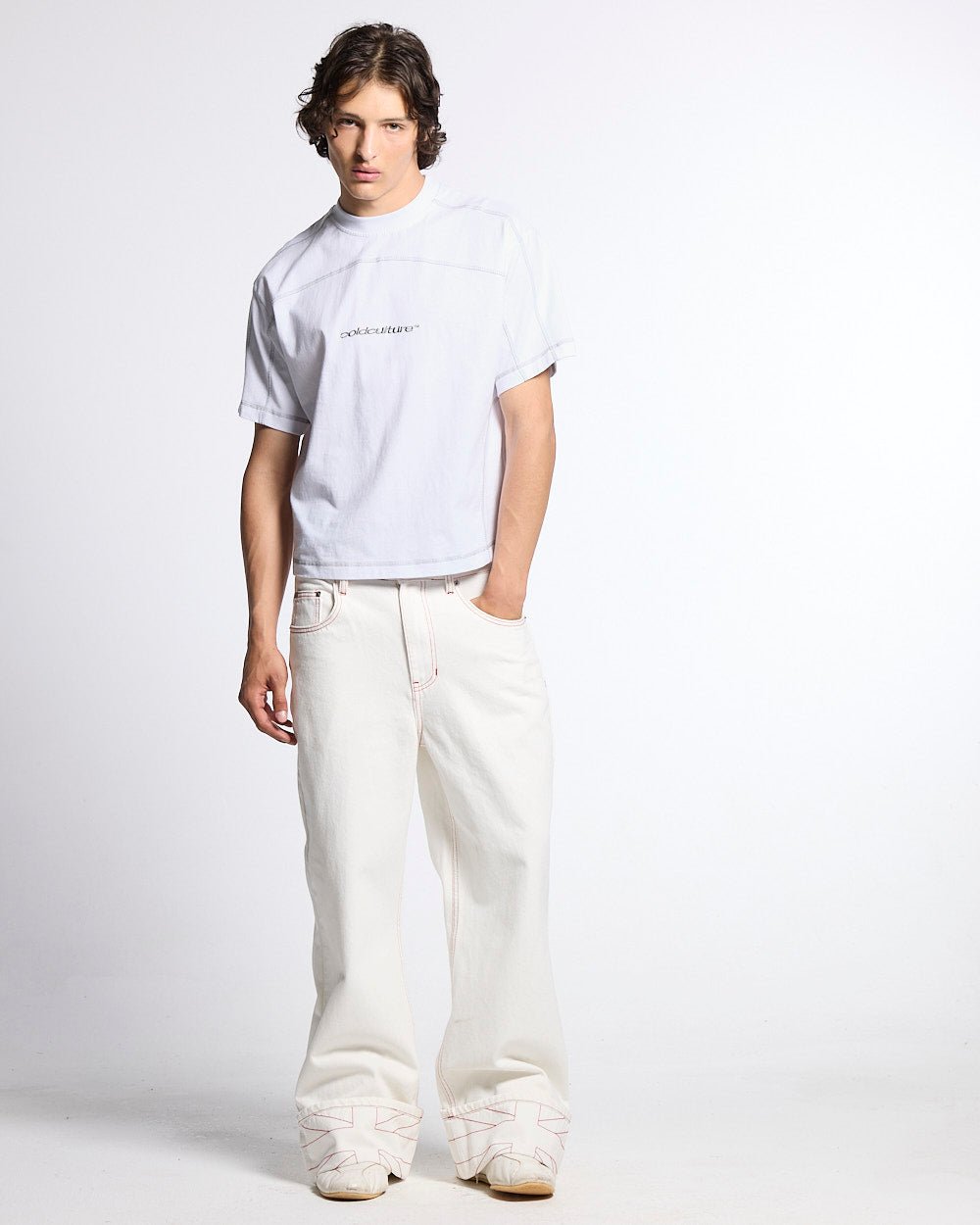 ROLLER TEE WHITE - white contrast stitch tee, front view on male model - Cold Culture #man