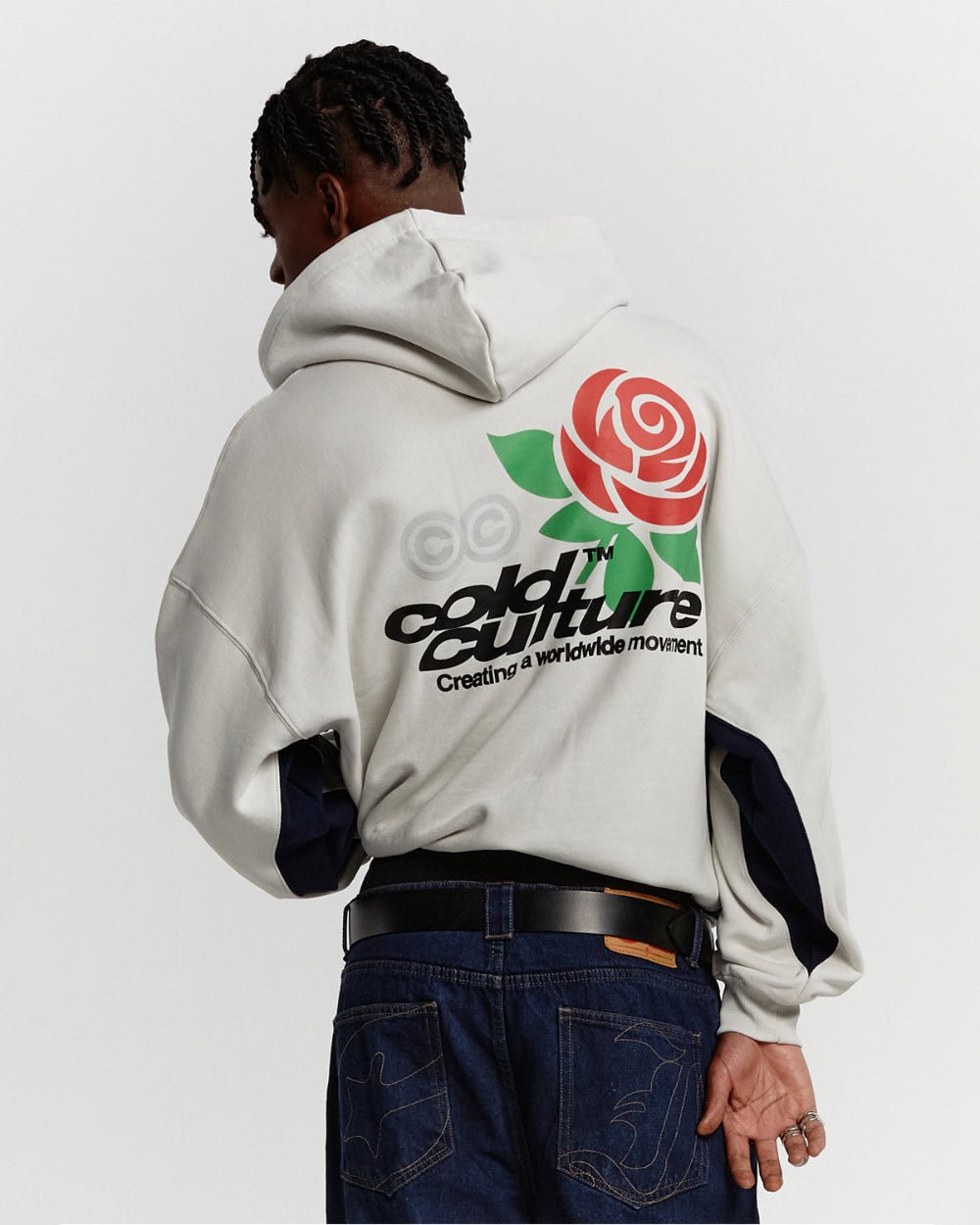 ROSE HOODIE PEARL GREY - pearl grey graphic print hoodie, back view on male model - Cold Culture