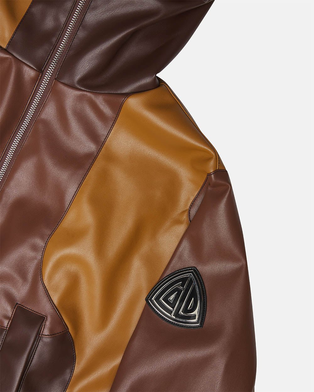 ROUTE JACKET BROWN - brown two-tone leather jacket, detail close-up - Cold Culture
